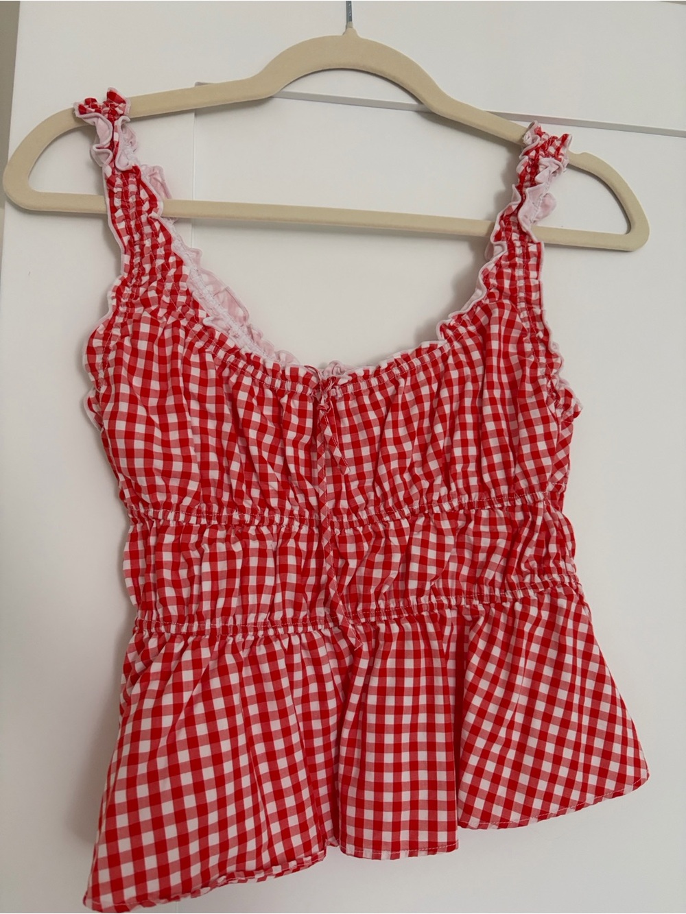 Sunday best Smocked Gingham Peplum Tank Top red